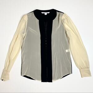 DVF Etta Silk Snap Long Sleeve Cream, Black Top 2